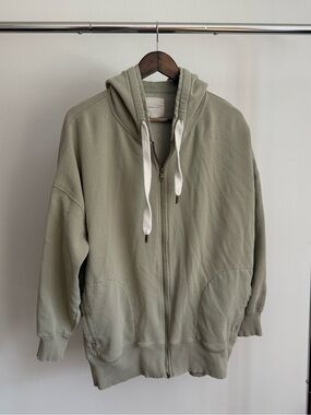American Eagle Outfitters Sage Green Full-Zip Hoodie with White Drawstrings